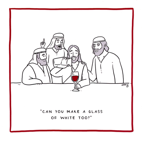 humorous greeting cardWoodmansterneComedy Card CompanyJesus - make white wine too?