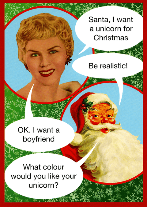 Funny Christmas cardsKiss me KwikComedy Card CompanyUnicorn or boyfriend for Christmas